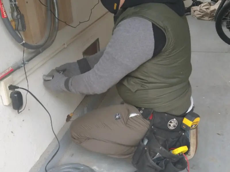 Electrician performing outlet wiring in a Holbrook garage
